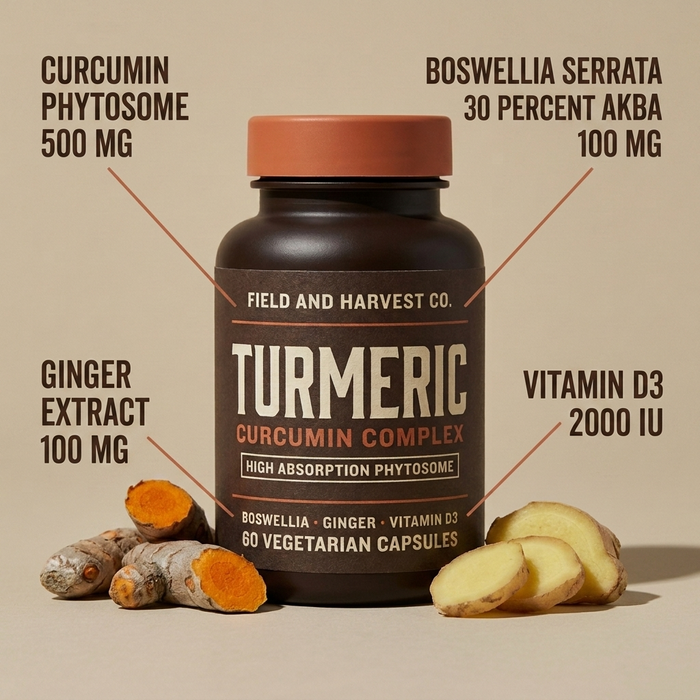 The four actives called out by name and dose: curcumin phytosome 500mg, boswellia serrata 30 percent AKBA 100mg, ginger extract 100mg, vitamin D3 2000 IU