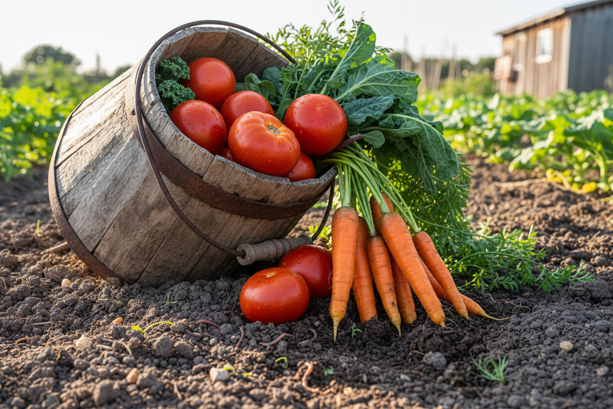 garden soil and a bucket filled with harvest