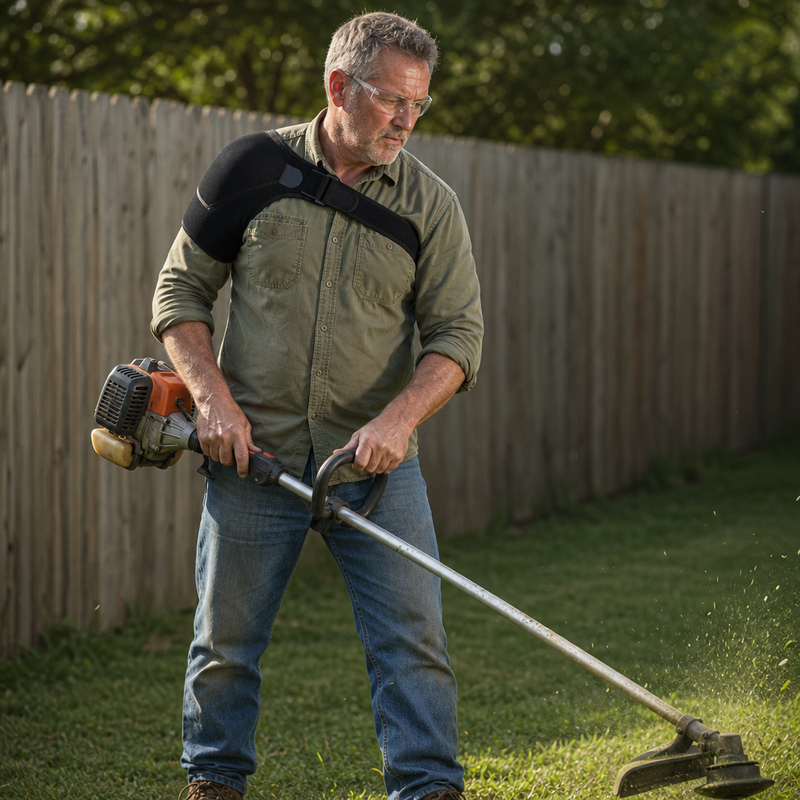 A man in his sixties running a string trimmer along a fence line, the Yeoman Rig worn over his work shirt on his right shoulder
