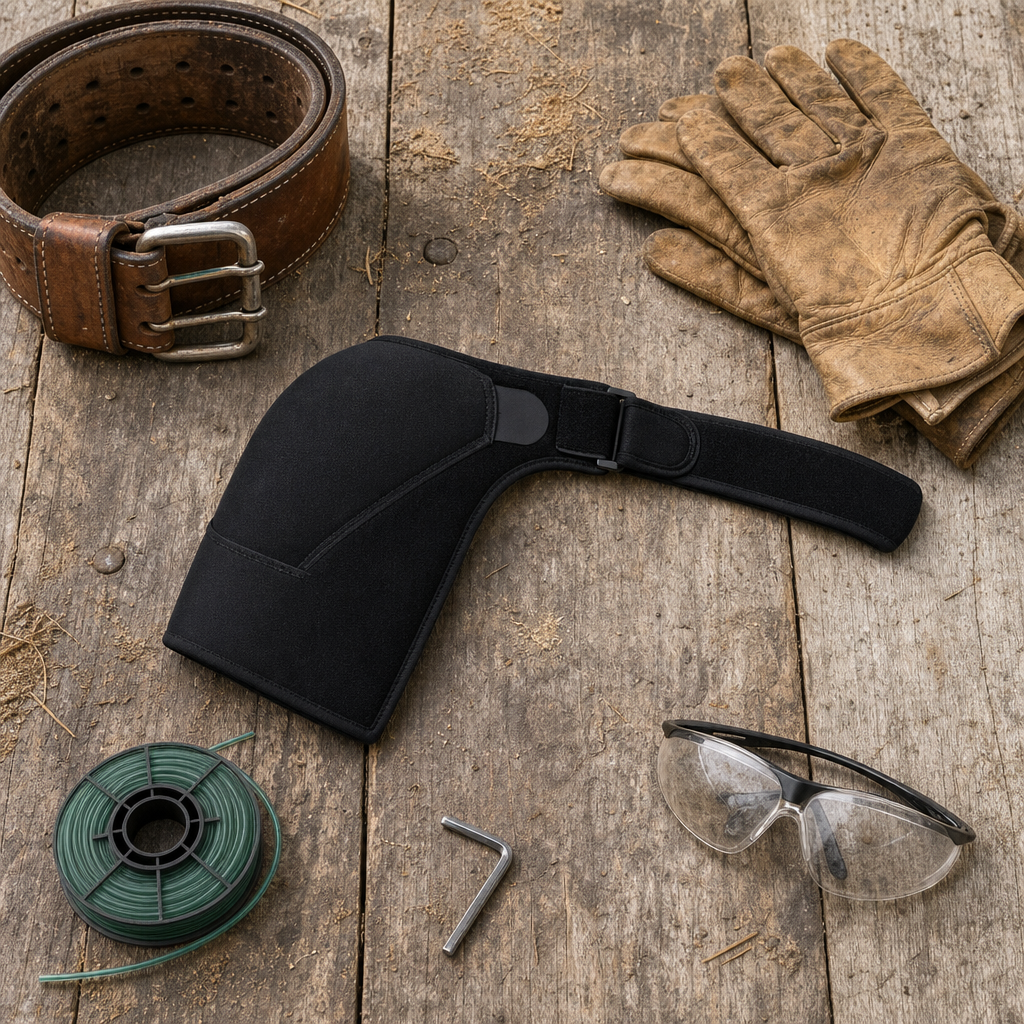 The Yeoman Rig on a workbench beside a leather belt, work gloves, trimmer line and safety glasses