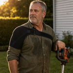 A man in his sixties wearing the Yeoman Rig over an olive work shirt, standing in his finished yard with a trimmer at rest