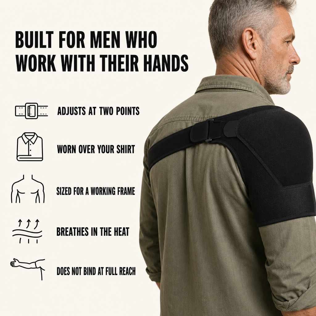 Built for men who work with their hands: adjusts at two points, worn over your shirt, sized for a working frame, breathes in the heat, does not bind at full reach