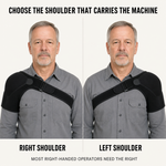 Choose the shoulder that carries the machine. Right shoulder or left shoulder, most right-handed operators need the right