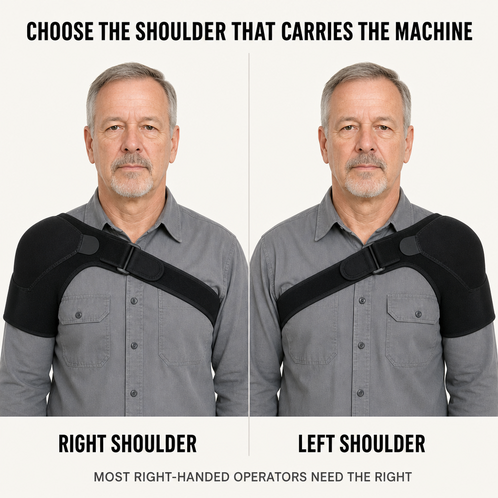 Choose the shoulder that carries the machine. Right shoulder or left shoulder, most right-handed operators need the right