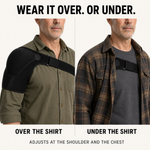 Wear it over the shirt or under it. Adjusts at the shoulder and the chest