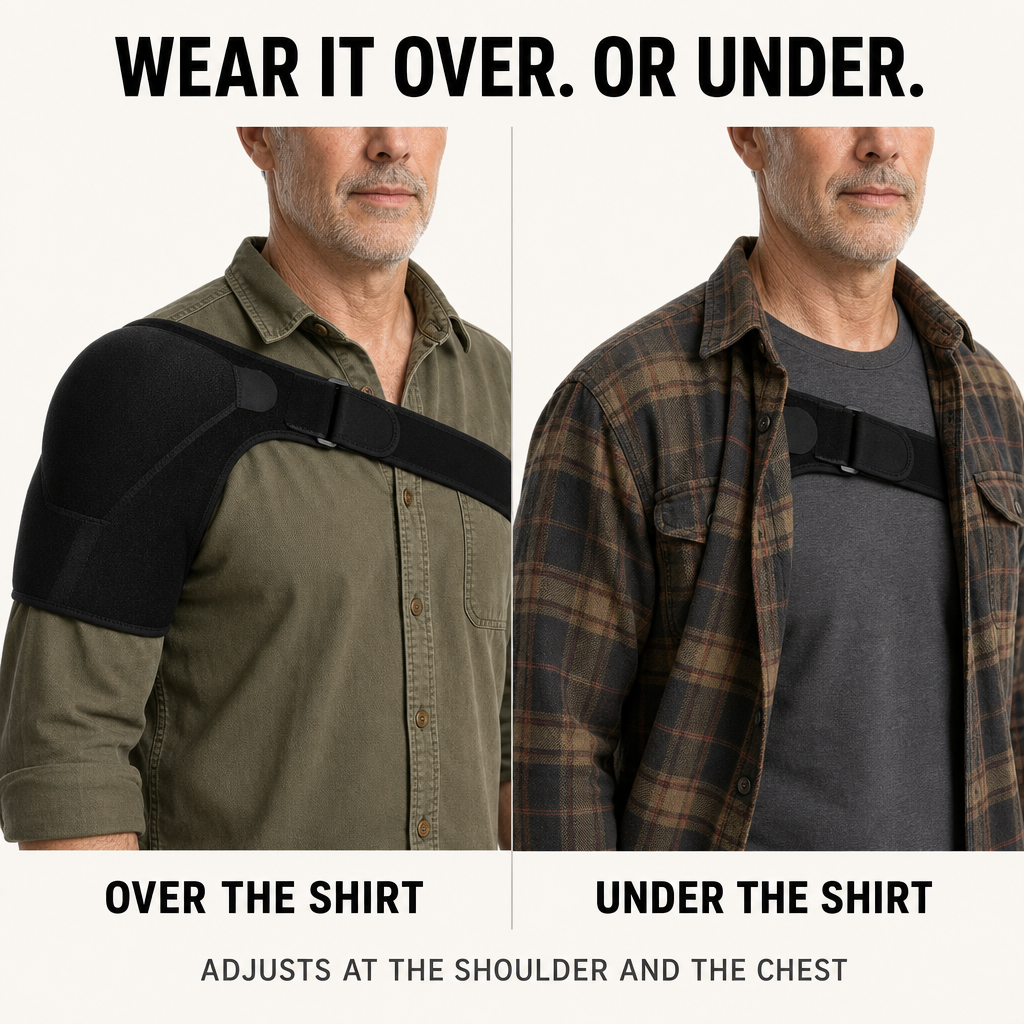 Wear it over the shirt or under it. Adjusts at the shoulder and the chest
