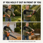 If you hold it out in front of you: string trimmer, hedge trimmer, leaf blower, chainsaw. The load lands on the same shoulder every time