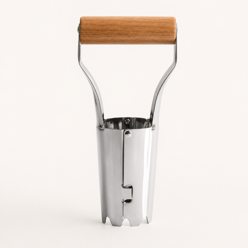 The Springwork Bulb Planter, stainless steel with a wooden T handle