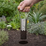 A clean plug of soil lifted in the steel barrel above the hole it cut