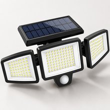 The Nightwatch Solar Light, three adjustable LED heads and an attached solar panel, studio product shot