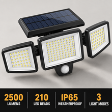 The Nightwatch Solar Light with its specifications: 2,500 lumens, 210 LED beads, IP65 weatherproof and three light modes