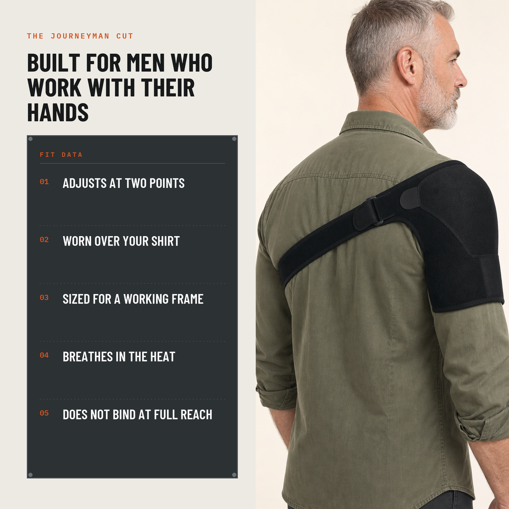 The Journeyman Cut fit data: adjusts at two points, worn over your shirt, sized for a working frame, breathes in the heat, does not bind at full reach