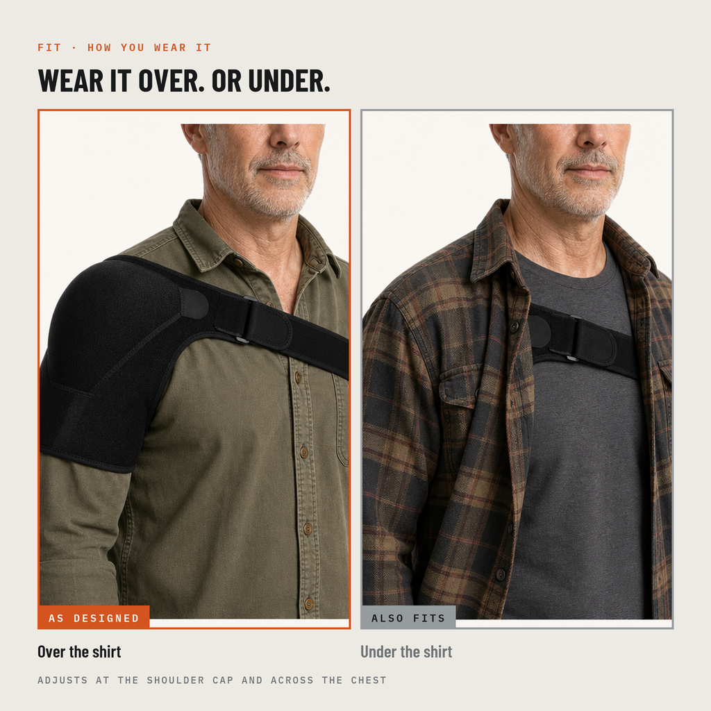 Wear it over the shirt as designed, or under the shirt. Adjusts at the shoulder cap and across the chest
