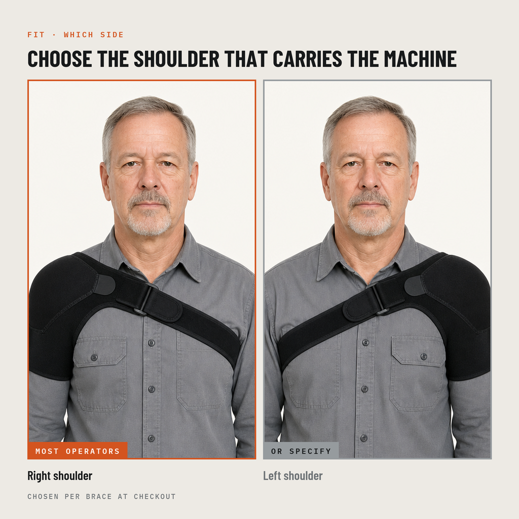 Choose the shoulder that carries the machine. Right shoulder for most operators, or specify left. Chosen per brace at checkout