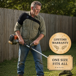 A man in his sixties running a string trimmer with the Yeoman Rig worn over his work shirt, with lifetime warranty and one size fits all badges