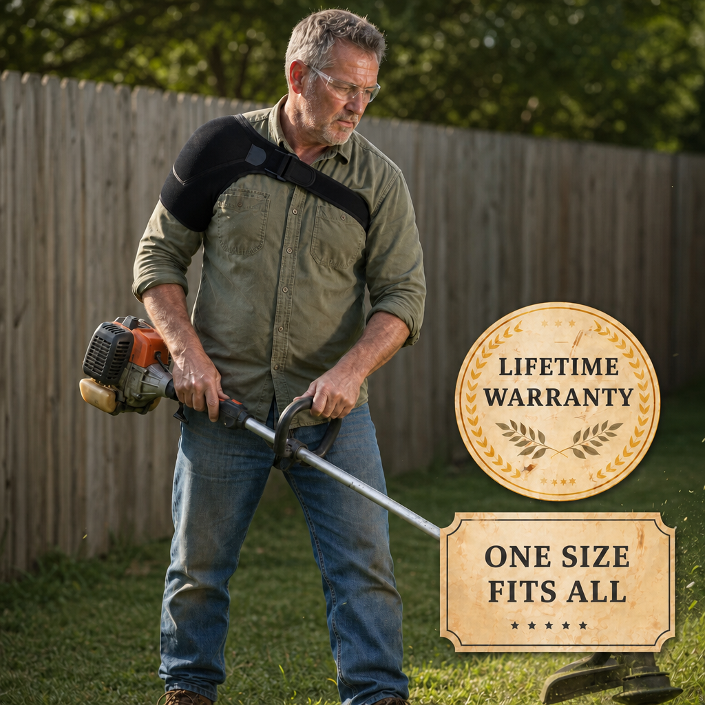 A man in his sixties running a string trimmer with the Yeoman Rig worn over his work shirt, with lifetime warranty and one size fits all badges