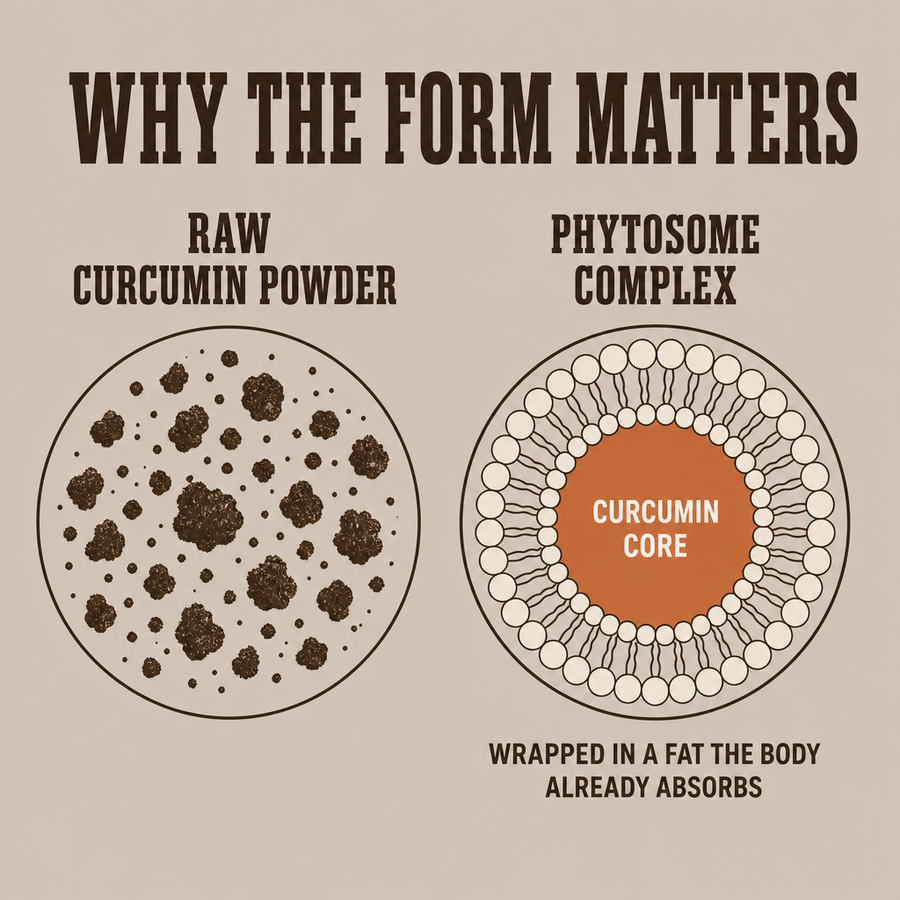 The phytosome wraps the curcumin in a fat the body already knows how to absorb.